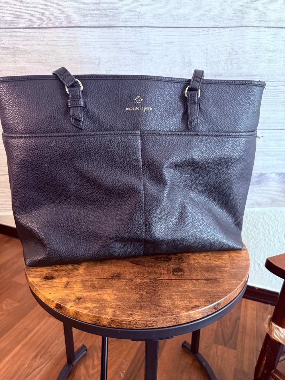 Nanette Lepore Black Pebbled Tote with Gold Logo
